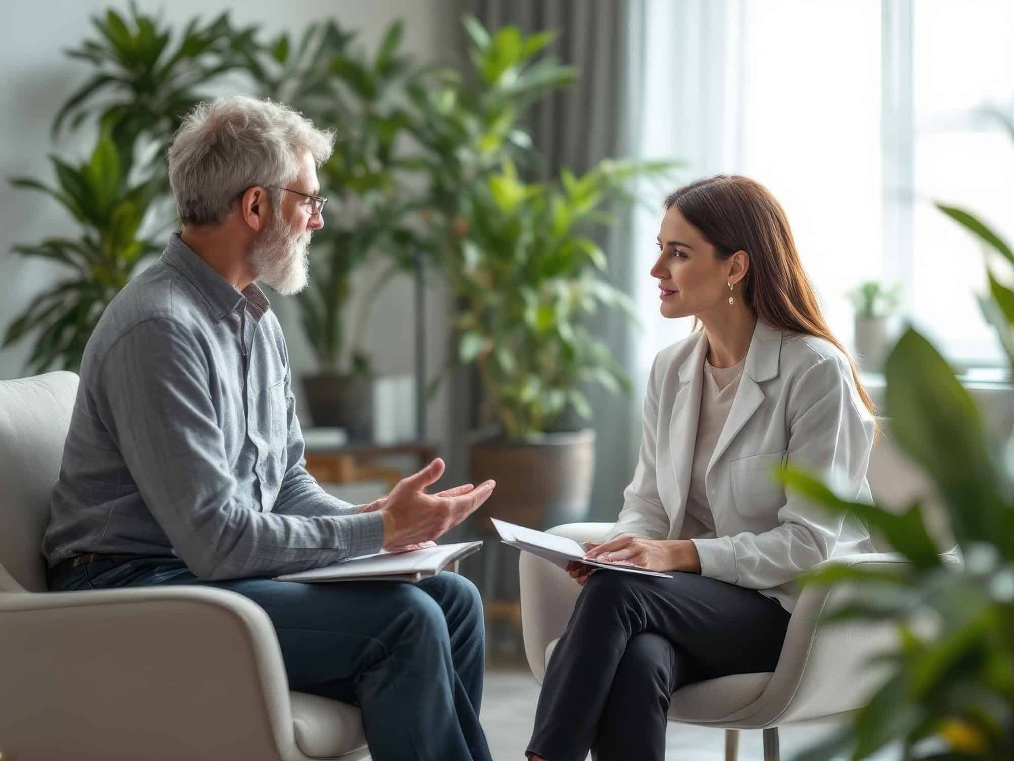 Therapist and patient discussing mental health during a counseling session at Redstone Behavioral Healthin Bowling Green, KY.