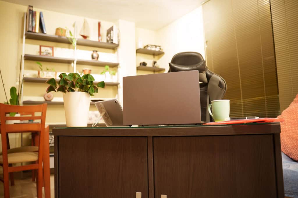 Office desk with laptop, plant, and coffee mug at Redstone Behavioral Health.