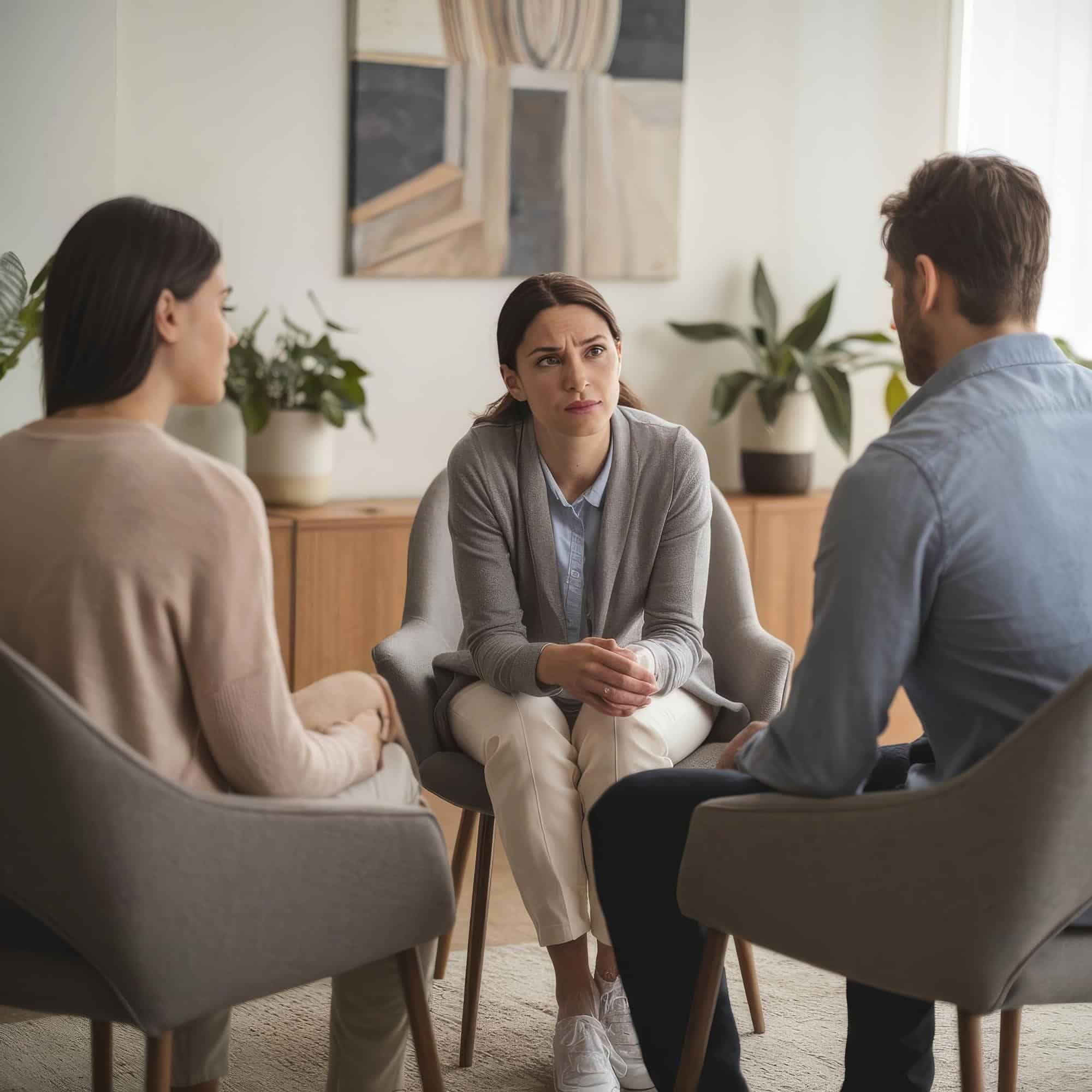 Therapist providing addiction counseling to two clients during mental health treatment in Bowling Green, KY at Redstone Behavioral Health.