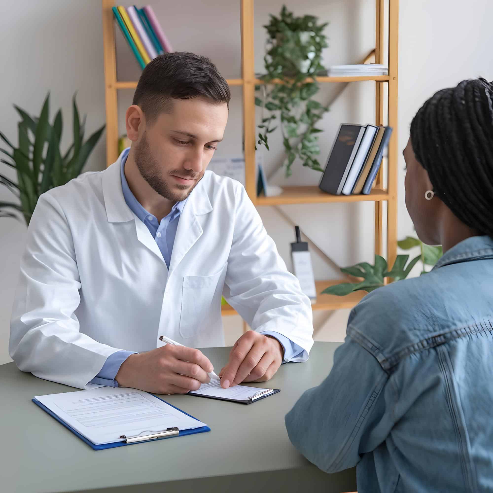Medical professional consulting with a patient during the admissions process for addiction and mental health treatment at Redstone Behavioral Health.
