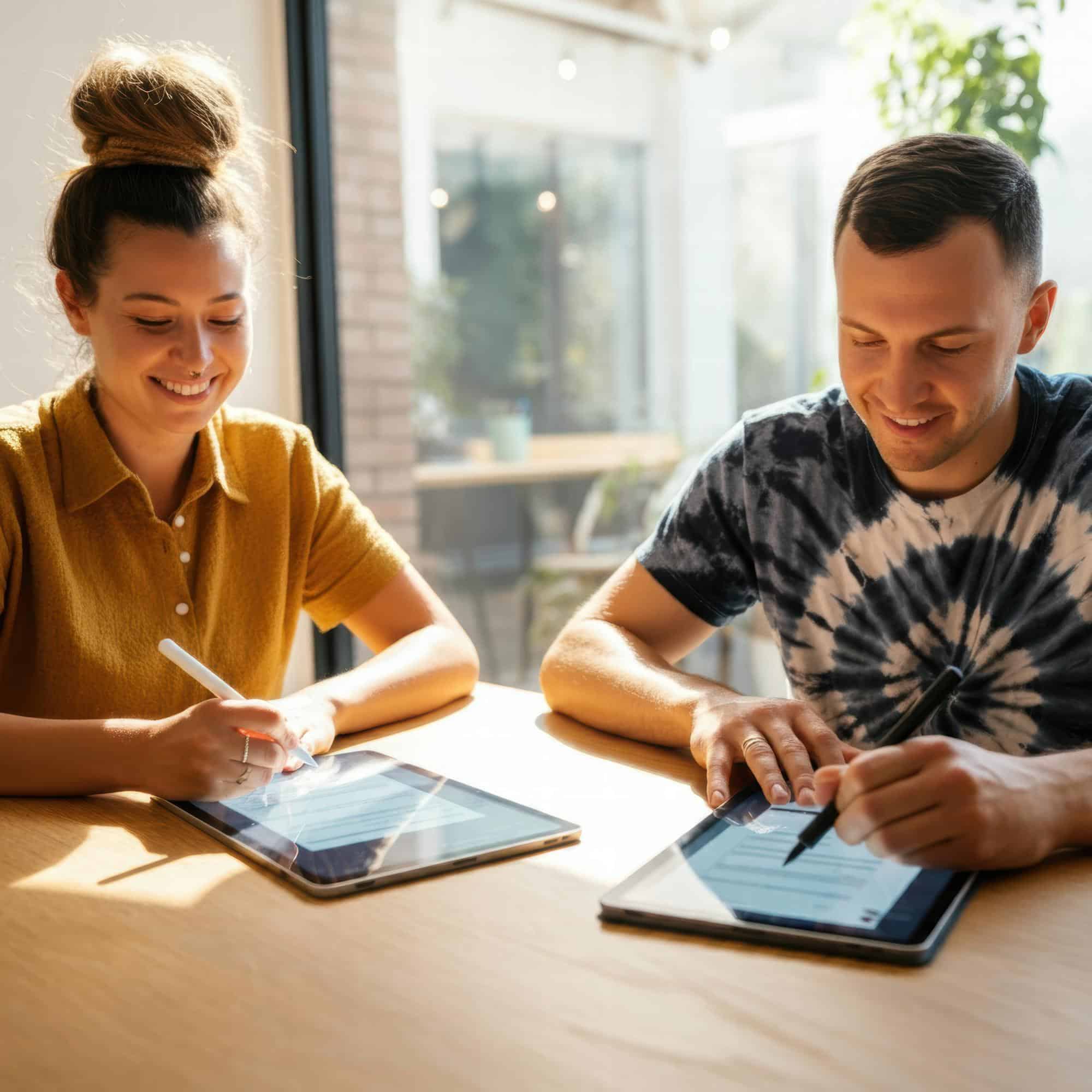 Young adults using tablets and laptops while preparing for addiction and mental health treatment at Redstone Behavioral Health.