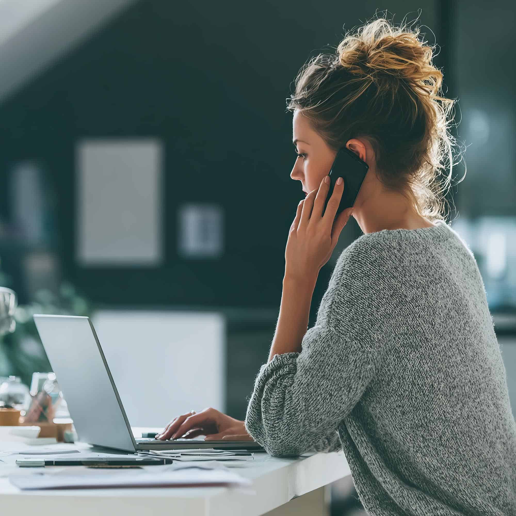Woman using a phone and laptop while completing the admissions process for addiction and mental health treatment at Redstone Behavioral Health.
