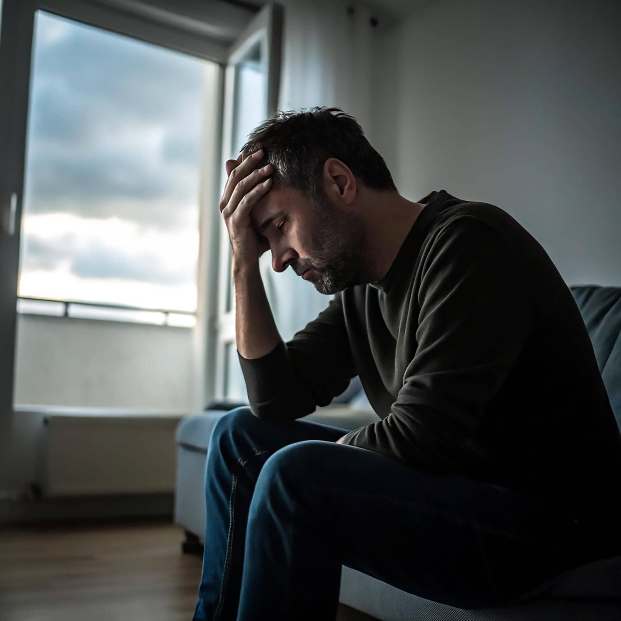 Man sitting on a sofa while experiencing emotional distress during dual diagnosis treatment in Bowling Green, KY.