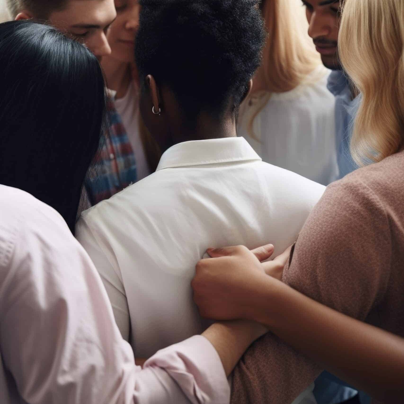 Diverse group of people embracing during a support group for mental health and addiction recovery in Bowling Green, KY.